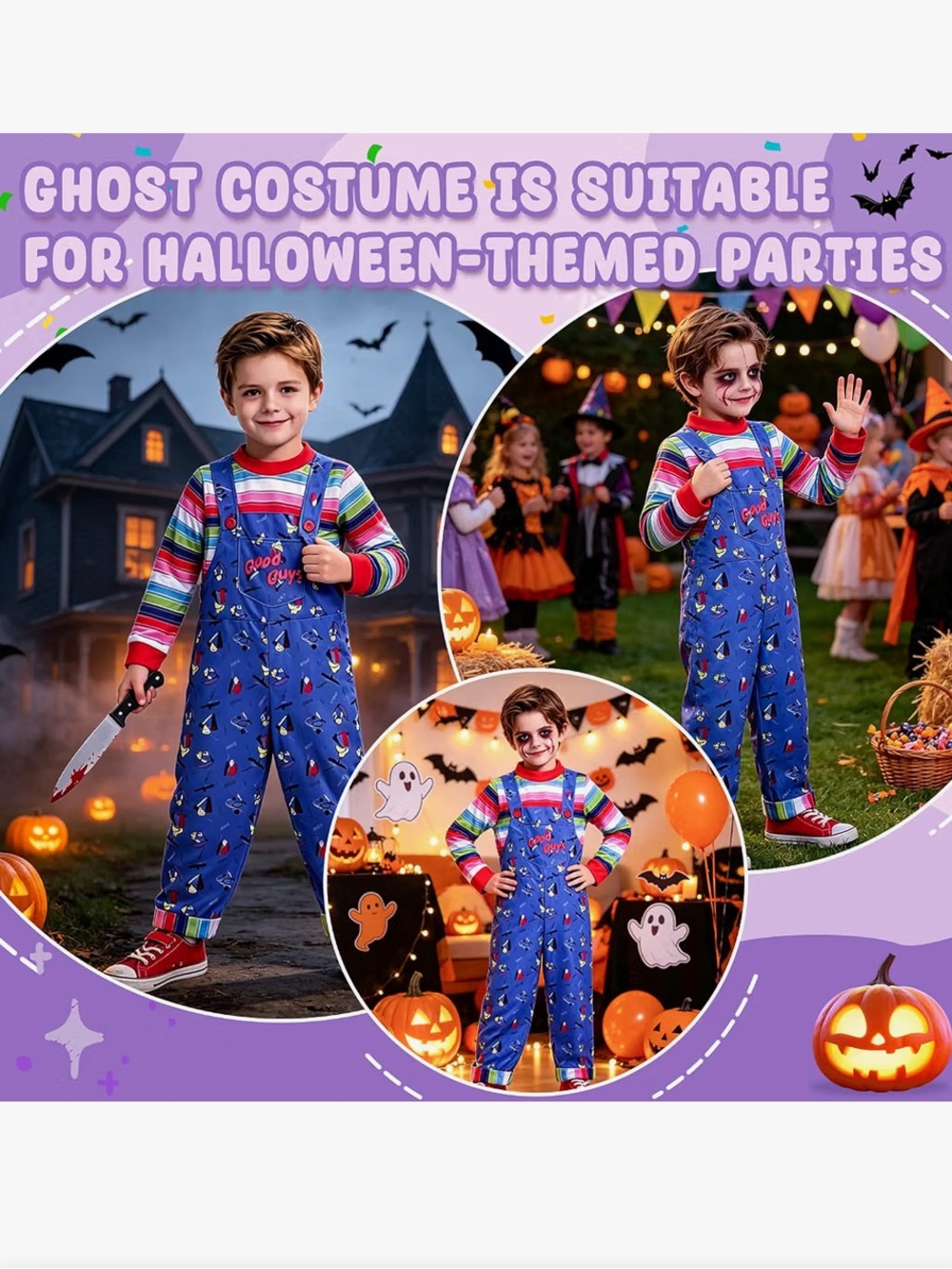 Ailker Child Chucky Costume Size L Blue Overalls and Rainbow Shirt Halloween